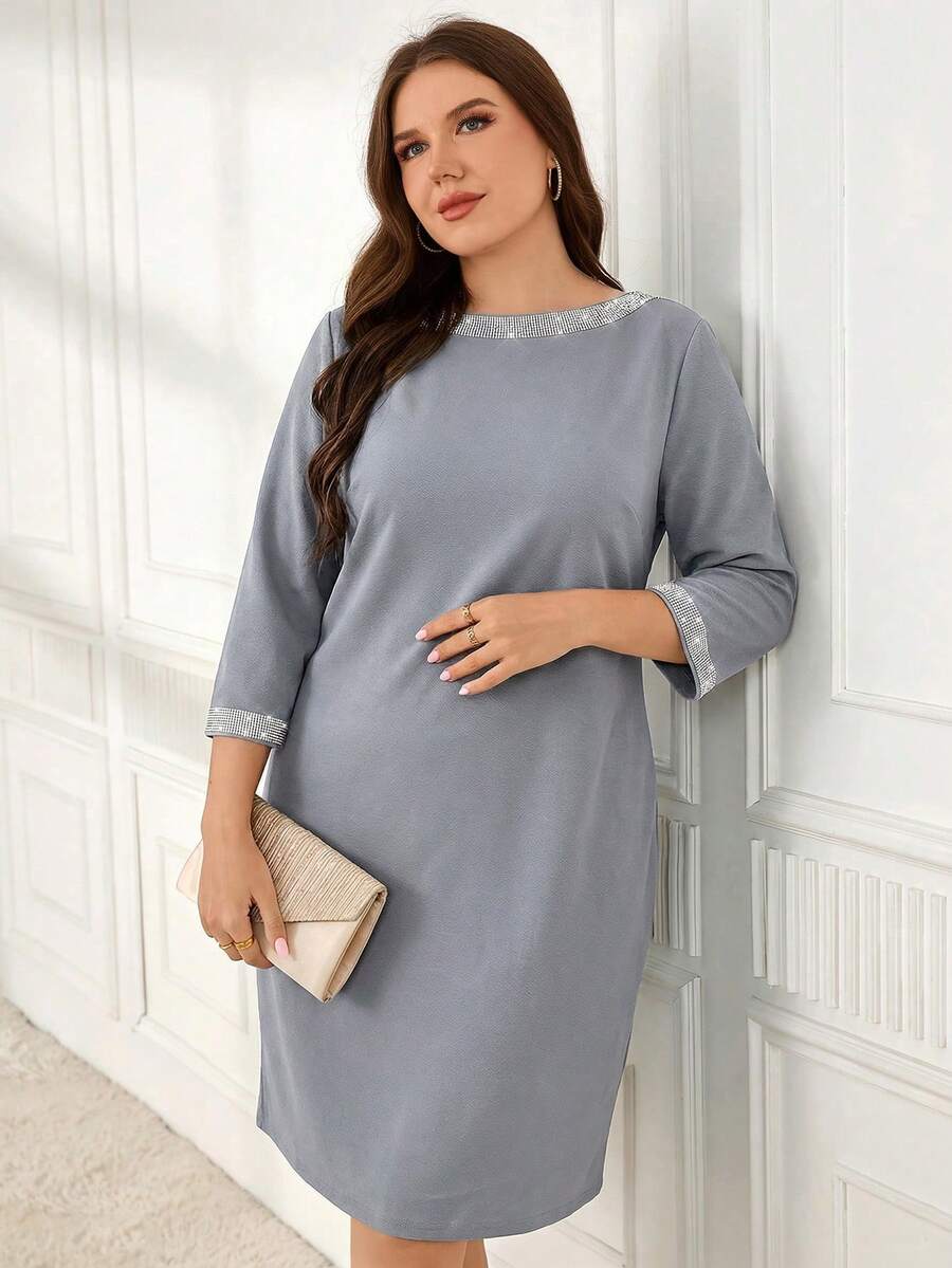 EMERY ROSE Plus Size Elegant Rhinestone Embellished Round Neck 3/4 Sleeve Dress, Summer - Blue - View 1