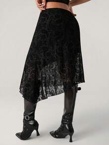 SHEIN ICON Chân váy nữ kiểu dáng thường ngày, cạp chun, chất liệu lưới màu hạt điều, vạt bất đối xứng. - màu đen - Xem 2