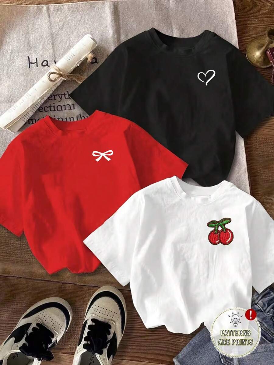 3pcs/Set Tween Girls' Casual Chic White And Red Summer School Back-To-School Butterfly,Cherry,Leaf Graphic Print Basic Short T-Shirts,Comfortable Cozy - Multicolor - View 1
