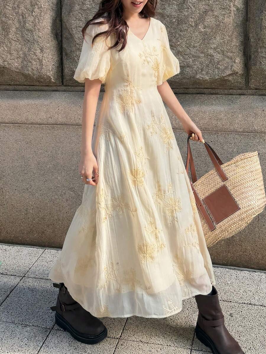 FRIFUL 女士V领花卉刺绣图案时尚约会长裙 - 藍色 - 查看 1