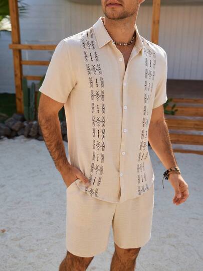 Manfinity Nomadique Este conjunto de camisa de manga corta a rayas de lino de verano y pantalones cortos para hombres es adecuado para el transporte diario, vacaciones casuales y otras ocasiones