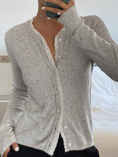 DAZY Floral Chiffon Patchwork Lace Splice Long Sleeve Round Neck Casual Vacation Lightweight Knit Cardigan For Women