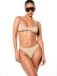 SUMWON WOMEN Women's Halter Neck Bikini Set With Lace Up Detail For Summer Beach Vacation Swimming Pool Party - Khaki - View 1