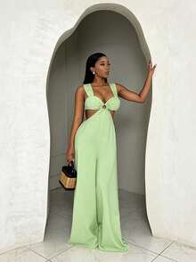 BamGleam 镂空流苏草绿色紧身沙滩度假露背连体裤，带颈带和镂空下摆，女士款 - 綠色 - 查看 5