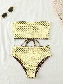 Swim Mod 2026 Spring/Summer Yellow Base Brown Polka Dot & Striped Reversible Design Backside Drawstring Side High Cut Women Bikini Swimwear - Multicolor - View 4