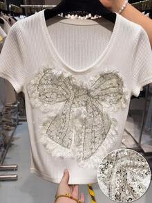 Franclia Casual Fashionable Sequin Bow Lace Trim Blouse For Women Ytk Clothes Butterfly Top For Women Ysk Clothes Butterfly Tshirt - White - View 1