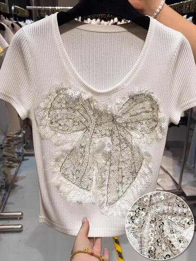 Franclia Blusa casual y de moda con lazo de lentejuelas y ribete de encaje para mujeres