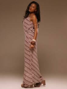 MUSERA Burgundy Textured Striped Cowl Front Low Back Straight Fit Slip Maxi Dress,Summer Elegant Bar Party Vacation Beach Ibiza Festival Holiday Graduation - Multicolor - View 3