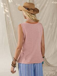 SHEIN LUNE 休闲美式西部复古五角星刺绣撞色拼接女式春夏基础款无袖背心，适合日常、通勤、户外活动穿着 - 藕粉色 - 查看 2