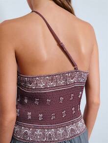 Nöista Top asimétrico con estampado de paisley y una sola correa delgada. Eventos de verano, festival, bohemio, primavera, verano. - Marrón - Ver 6
