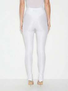 Mesh Detail Button Hem High Waisted Seamless Fitted Stretchy Leggings For Women Fashion Casual Everyday Wear - White - View 2