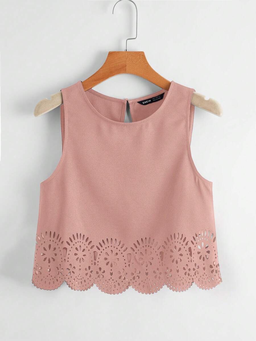 SHEIN LUNE Laser Cut Scallop Trim Tank Top,Casual - Dusty Pink - View 1