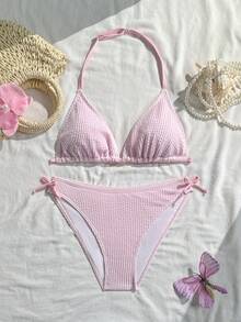 SHEIN 少女暑假粉色针织纹理贝壳装饰吊带比基尼上衣 - 粉色 - 查看 3