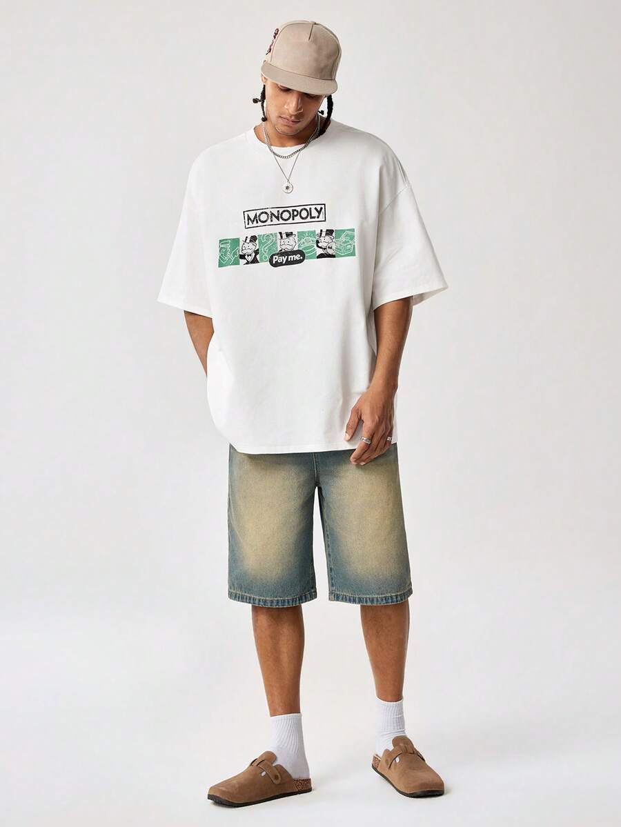 MONOPOLY X SHEIN 男士卡通印花圆领短袖休闲T恤，MONOPOLY - 白色 - 查看 1