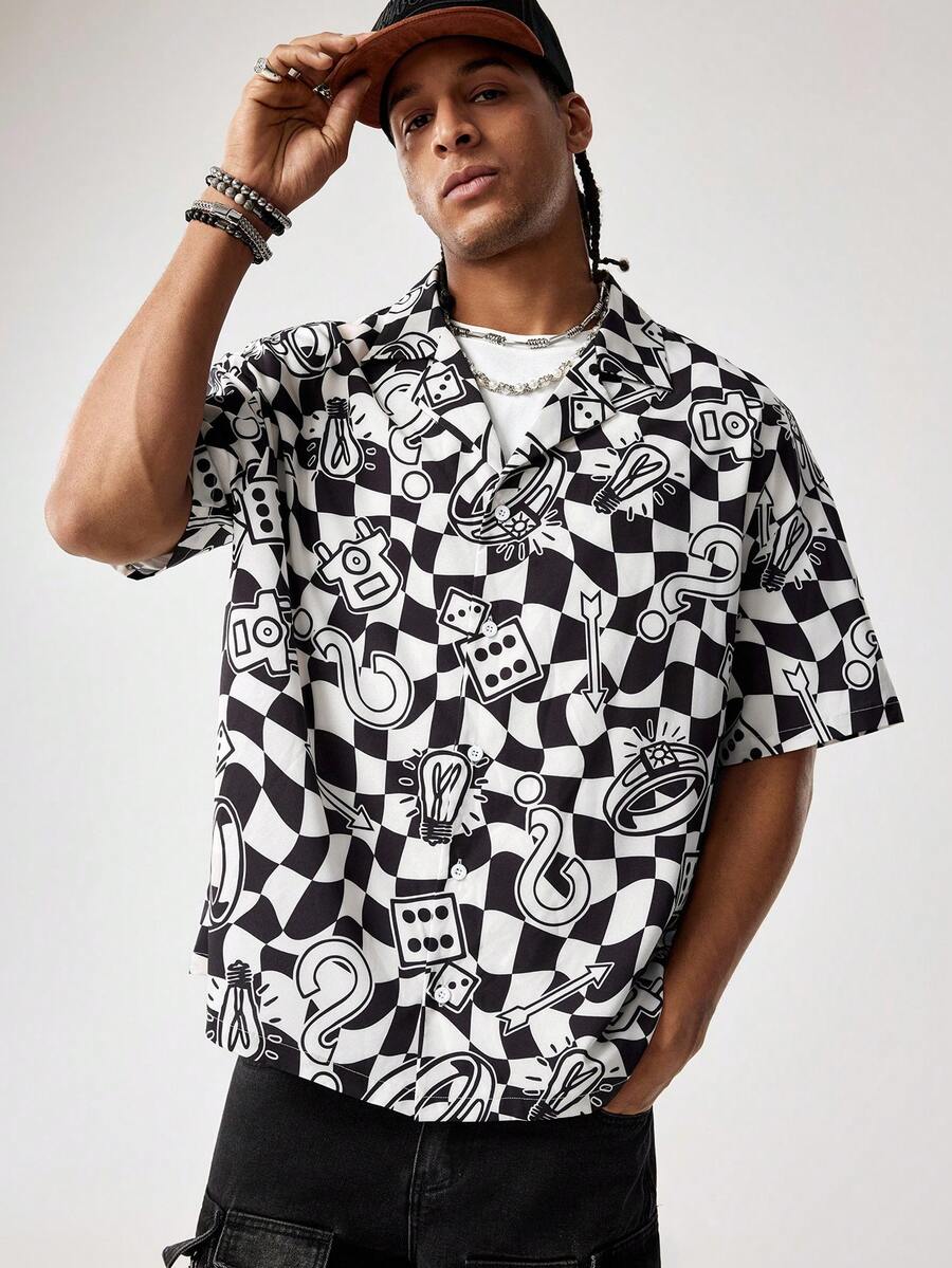 MONOPOLY X SHEIN 男士棋盘格短袖单排扣休闲衬衫，MONOPOLY - 黑與白 - 查看 1