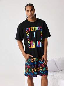 Tetris™ X SHEIN 男士宽松圆领短袖T恤和短裤睡衣套装，设计 - 黑色 - 查看 5