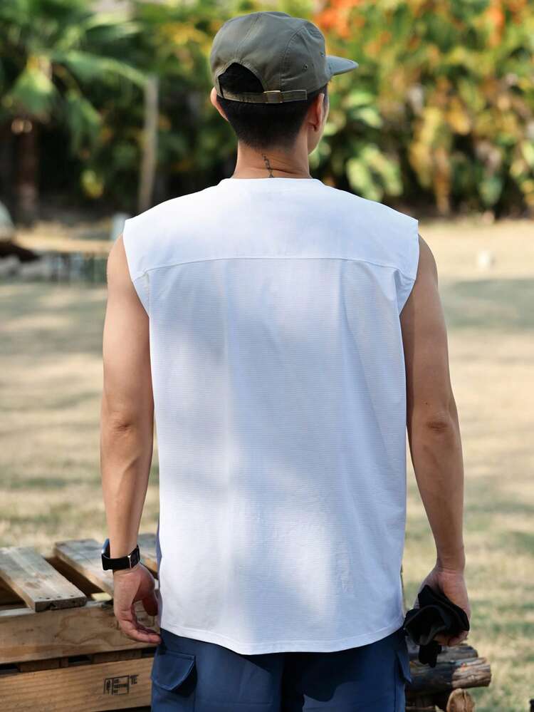 Men's Letter Print White Round Neck Tank Top, Summer