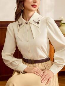 Vintamour Áo sơ mi nữ cổ điển thanh lịch với cúc thêu, cổ áo đính ngọc trai, kiểu dáng thường ngày phù hợp đi làm hoặc đi nghỉ mát. - Màu be - Xem 3