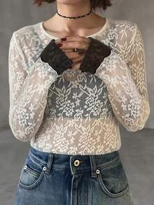 FRIFUL 女士撞色圆领长袖薄纱蕾丝叠层休闲百搭上衣，秋冬款 - 米色 - 查看 4