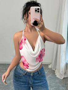 Firerie 1 件女士时尚优雅性感花卉印花网眼低胸吊带背心，适合夏季度假 - 玫紅色 - 查看 5