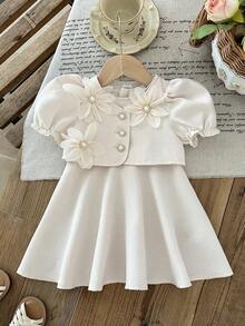 LMoss Kids Baby Girl Woven Solid Color Sleeveless Dress With Cardigan, 2 Piece Set - Apricot - View 3