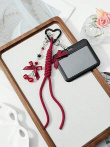 ROMWE Kawaii 1 Y2k Sweet And Cool Personalized Retro Exquisite Dark Style Goth Red Resin Round Bead Webbing Bow Cherry Pendant Black Acrylic Sliding Cover Horizontal Card Hand-Woven Mountaineering Rope Card Cover ID Card, Star Card Cover, Transportation Card, Work Card DIY Keychain Bag Pendant, Suitable For Groupies, Students, Parties, Girls And Ladies, Daily Wear, Holiday Gifts - Black and red -94 - View 10