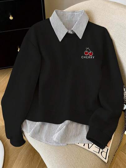 Resyla Plusstorlek Dam 2 i 1 Bokstav & Körsbärstryck Avslappnad Tröja För Vardagsbruk