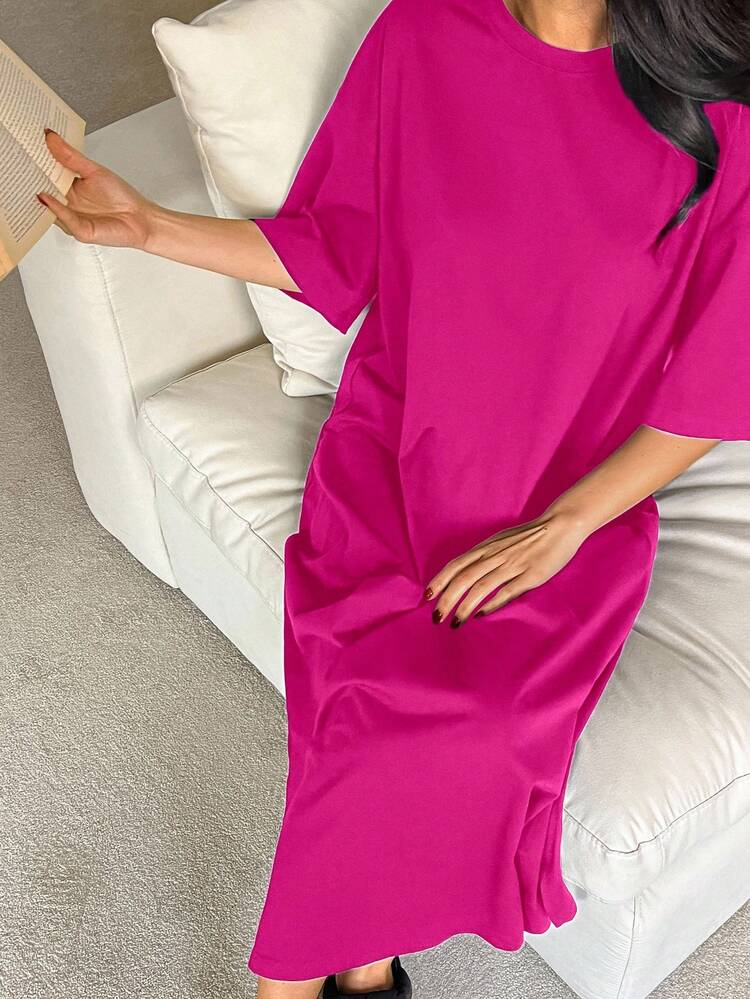 Minimalist Solid Color Loose Hem Slit T-Shirt Dress, Long Casual Dress For Summer Wear & Loungewear