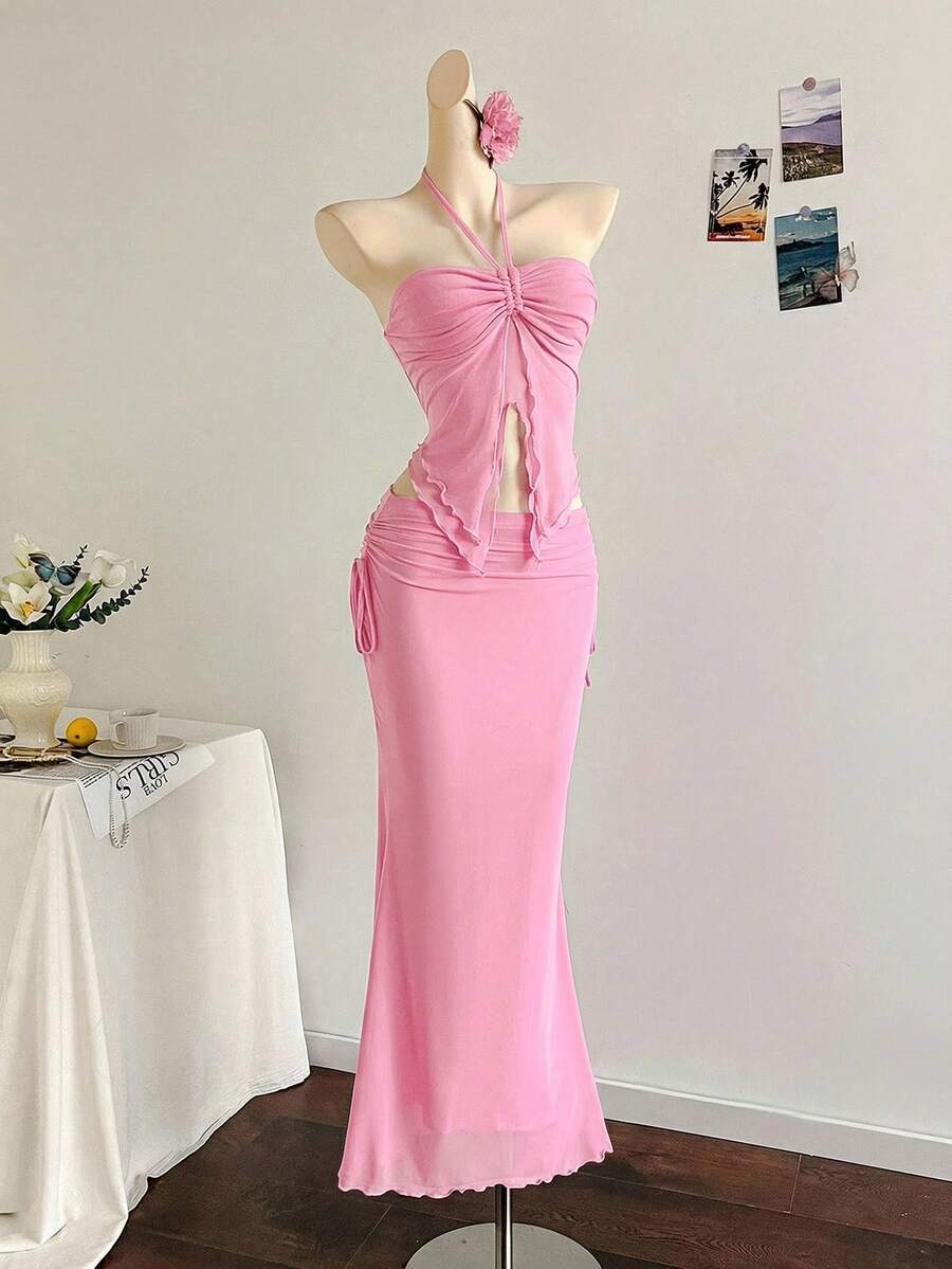 Soleia 新款度假西部海滩婚礼宾客礼服，毕业早午餐，圣帕特里克节，春假，复活节，音乐节优雅波西米亚热带风情无肩带无袖蓝色网纱荷叶边两件套 - 藕粉色 - 查看 1