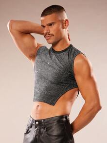 FeverCity Men's Fashionable Sleeveless Shiny Cropped Tank Top For Summer - Black - View 3