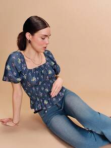 lacRébo Vintage Dark Blue Denim-Look Floral Smocked Crop Top With Puff Sleeves And A Square Neckline Cute Style Spring Summer Vacation French Style Parisian Style - Dark Wash - View 6