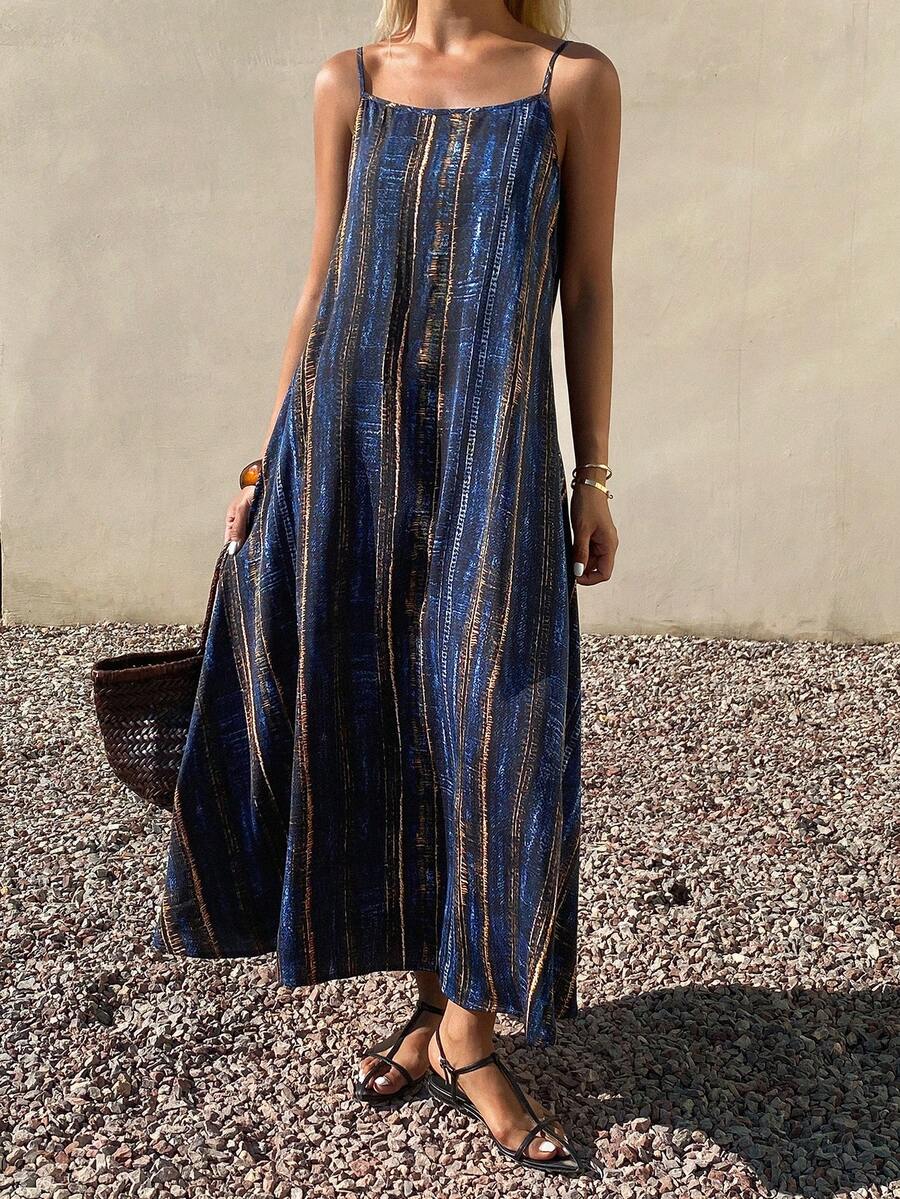 DAZY Women's Casual Contrast Stripe Sleeveless A-Line Mid-Length Dress, Summer - Blue - View 1