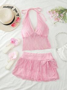 Roelina Women's Lace Sheer Splice Halter Tie Blouse And Mini Skirt Sexy 2-Piece Set For Date/Party - Pink - View 3