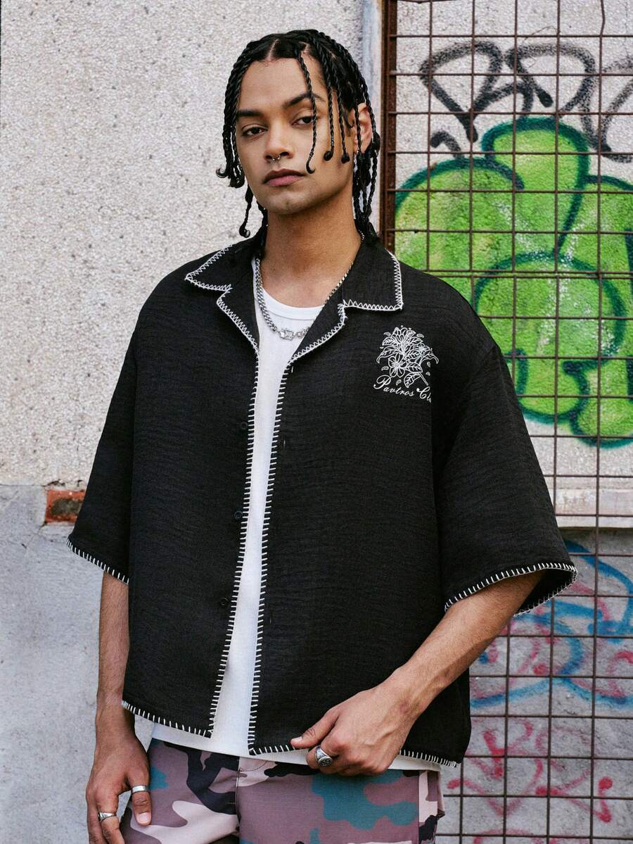 PAVTROS Camisa de manga corta holgada y casual con bordado de letras para hombre - Negro - Ver 1