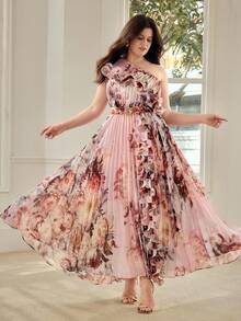 MOTF PREMIUM PLUS SIZE WOMEN'S FLORAL PRINT ASYMMETRICAL NECK PLEATED DRESS, SPRING/SUMMER - Pink - View 7