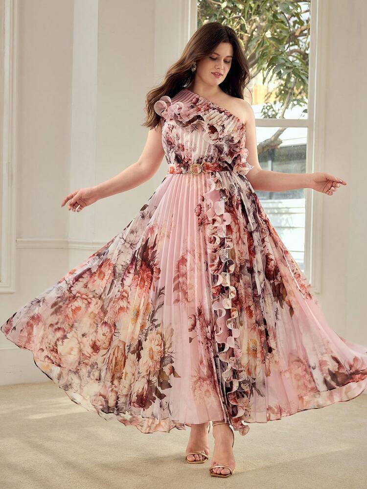 PLUS SIZE WOMEN'S FLORAL PRINT ASYMMETRICAL NECK PLEATED DRESS, SPRING/SUMMER