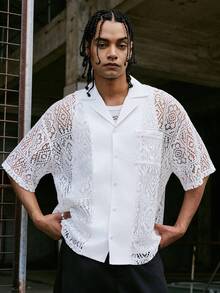 PAVTROS Men's Hollow Out Single-Breasted Casual Versatile Daily Wear Short Sleeve Shirt - Brown - View 5