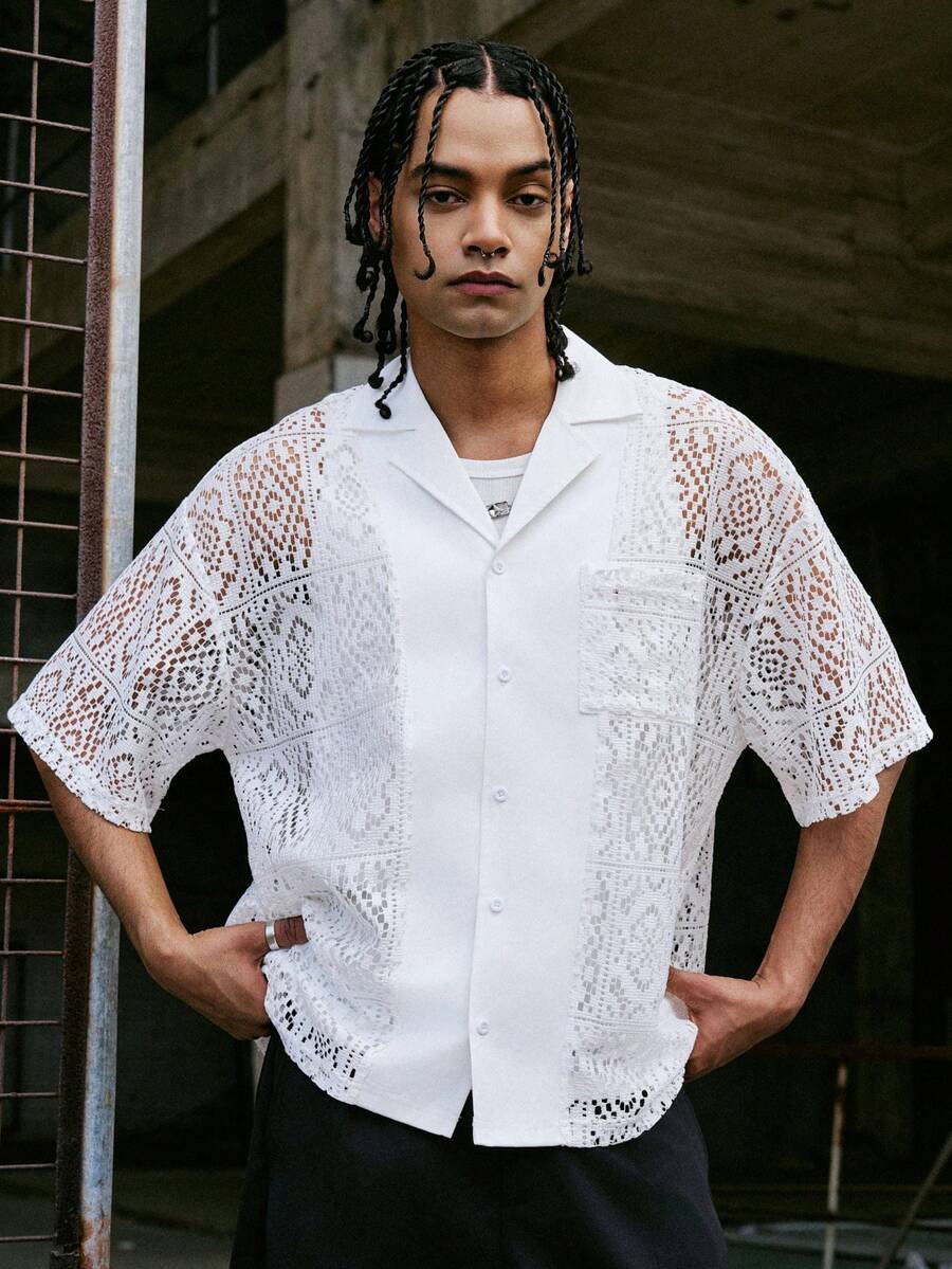 PAVTROS 男士镂空单排扣休闲百搭日常短袖衬衫 - 棕色 - 查看 1