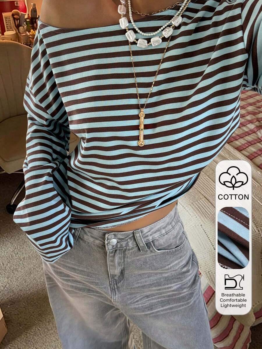 DAZY Women's Cotton Solid Color Spring Holiday Crew Neck Loose Long Sleeve Long T-Shirt - Blue - View 1