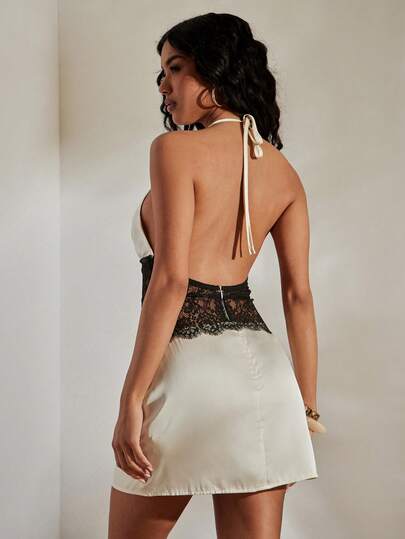 Opulessa Women's Contrast Color Lace Patchwork Backless Mini Halter Dress Vacation Going Out Outfit, Elegant Sexy Party Date Night Outfits Women Elegant Wedding Guest Outfits, Boho  Elegant Party Outfit