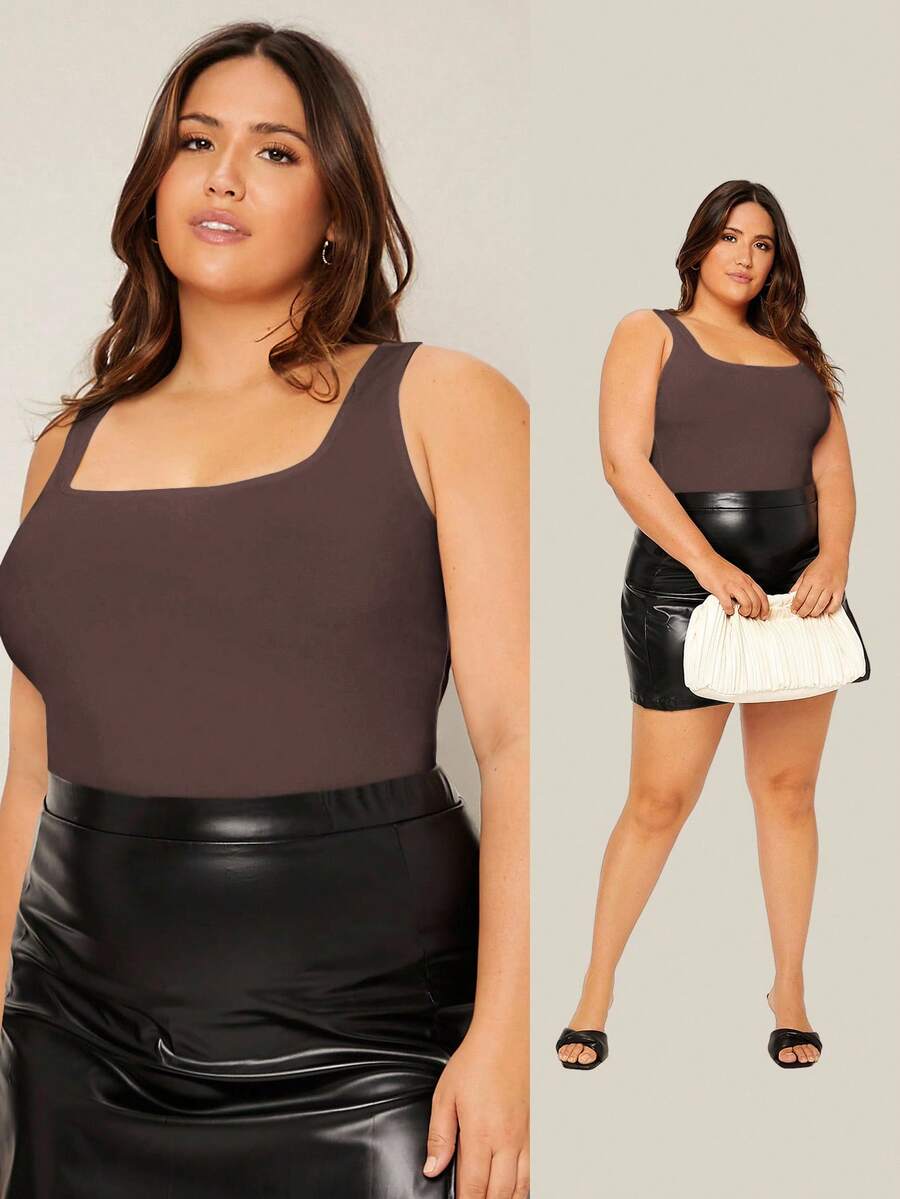 EMERY ROSE Plus Size Women Summer Casual Everyday Commute Minimalist Solid Color Square Neck Fitted Tank Top - Brown - View 1