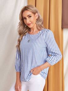 EMERY ROSE Striped Print Round Neck Blouse,Three Quarter Sleeve Tops - Blue and White - View 3
