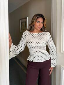 Maria Perezxox 新款秋冬法式优雅时尚波点一字肩蝴蝶结收腰修身休闲通勤百搭喇叭袖女衬衫 - 杏色 - 查看 3