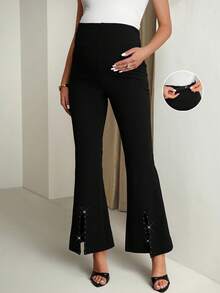 MaterniChic Pregnant Women's Solid Color Slit Hem Elegant Flare Leg Pants Summer - Black - View 1