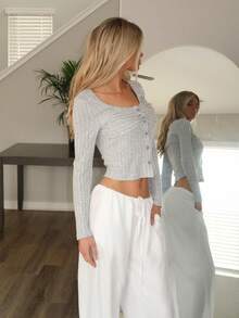 Sydney Algeri 1pc Women's Gray Ribbed Twist Knot Button Long Sleeve T-Shirt, Casual & Commuter Wear For Autumn/Winter - Light Grey - View 4