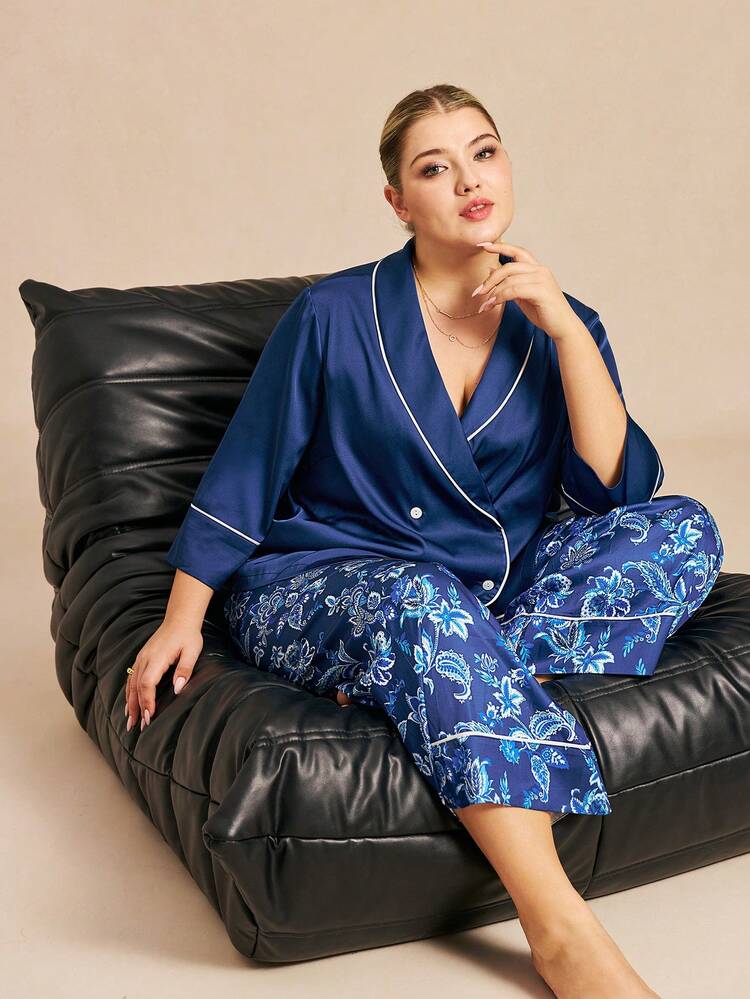 Conjunto de pijama de talla grande con estilo marinero - Top de satén con doble botonadura y pantalones anchos con estampado floral azul, conjunto de ropa de dormir a la moda