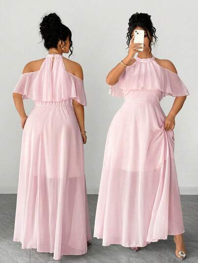 Elenzga Plus Size Off-Shoulder Ruffle Hem A-Line Chiffon Maxi Dress, Elegant Pink Party Dress