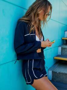 Aralina 2 Pieces Set Running Athletic Leisurewear Active Spring Summer Exercise Vacation Beach Zip Funnel Parka Jacket Running Short Two Pieces Set - Navy Blue - View 3