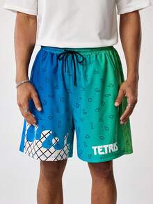 Tetris™ X SHEIN 男士抽绳腰带口袋字母印花休闲百搭日常短裤 - 綠色 - 查看 4