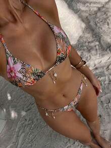 Swim Vcay Swim SXY 2pcs/Set Floral & Animal Print Beaded Chain Halter Triangle Bikini Top And Bottoms Sexy Swimwear Set For Women, Spring/Summer - Multicolor - View 8